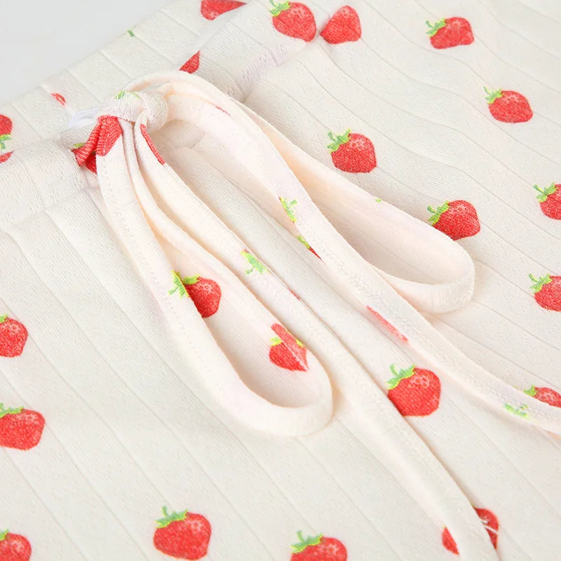 Aiertu  -  Strawberry Print Eyelet Two-piece Set Women Summer Sleeveless Slim Camis+Drawstring Pants Sets Home Cozy Sweet Casual Pajamas Aiertu