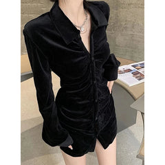 Aiertu Vintage Shirts Women Black Velvet Pleated Blouses Korean Elegant Folds Turn Down Collar Long Sleeve Slim Chic Casual Tops Aiertu