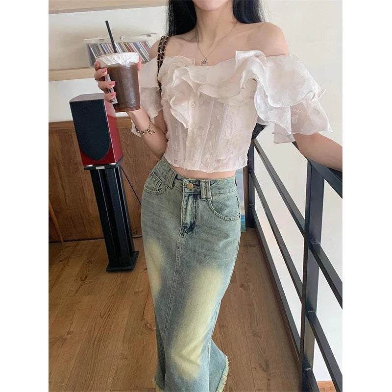 Aiertu Cropped Slash Neck Shirts Women Fashion Black Sexy Off Shoulder Blouses Summer Korean Office Ladies Elegant Slim Crop Tops Aiertu
