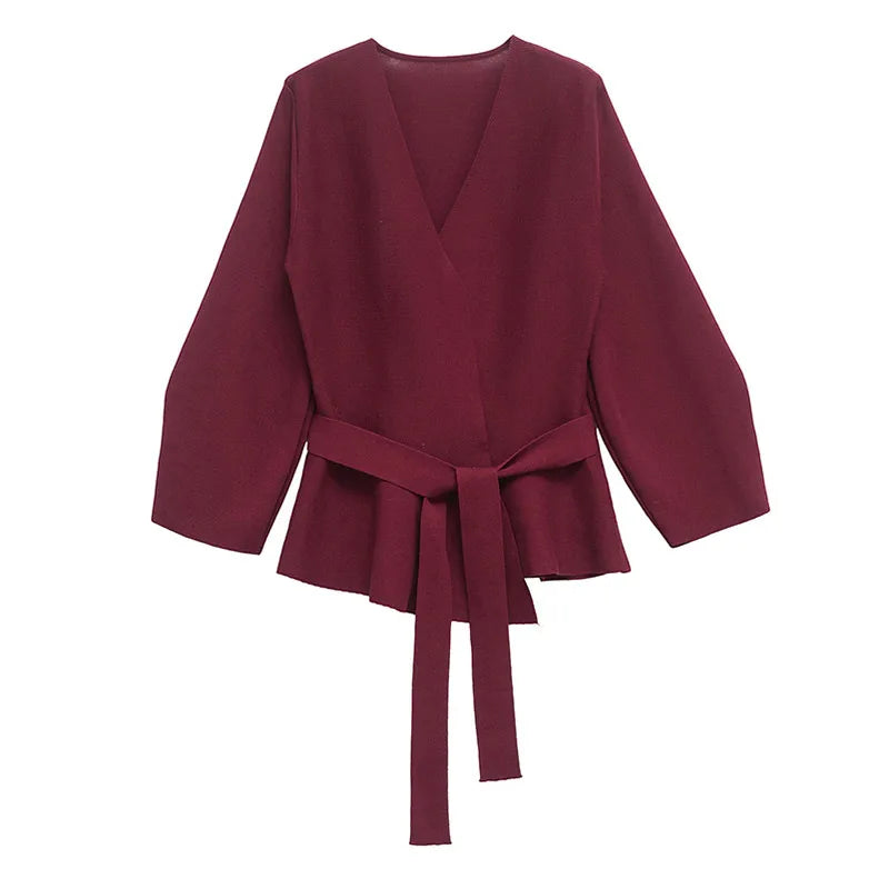 Aiertu  -  Elegant Lace Up Coats Women Elegant Solid V-neck Full Sleeve Oversize Female Cardigan Sweater Summer Fashion Lady Streetwears Aiertu