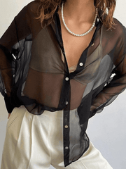 Aiertu  -  Button Front Semi Sheer Long Sleeve Blouse Aiertu