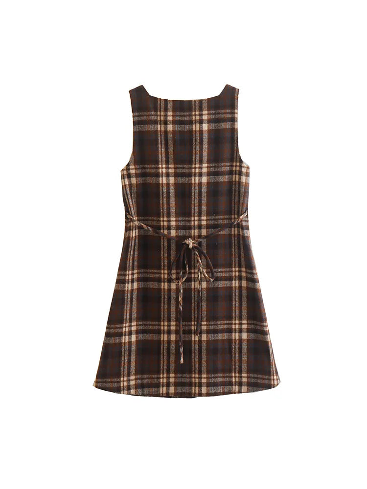 Aiertu  Women Fashion Plaid Lace Up Single Breasted Mini Dress Vintage Square Collar Sleeveless Female Chic Lady Dresses Aiertu