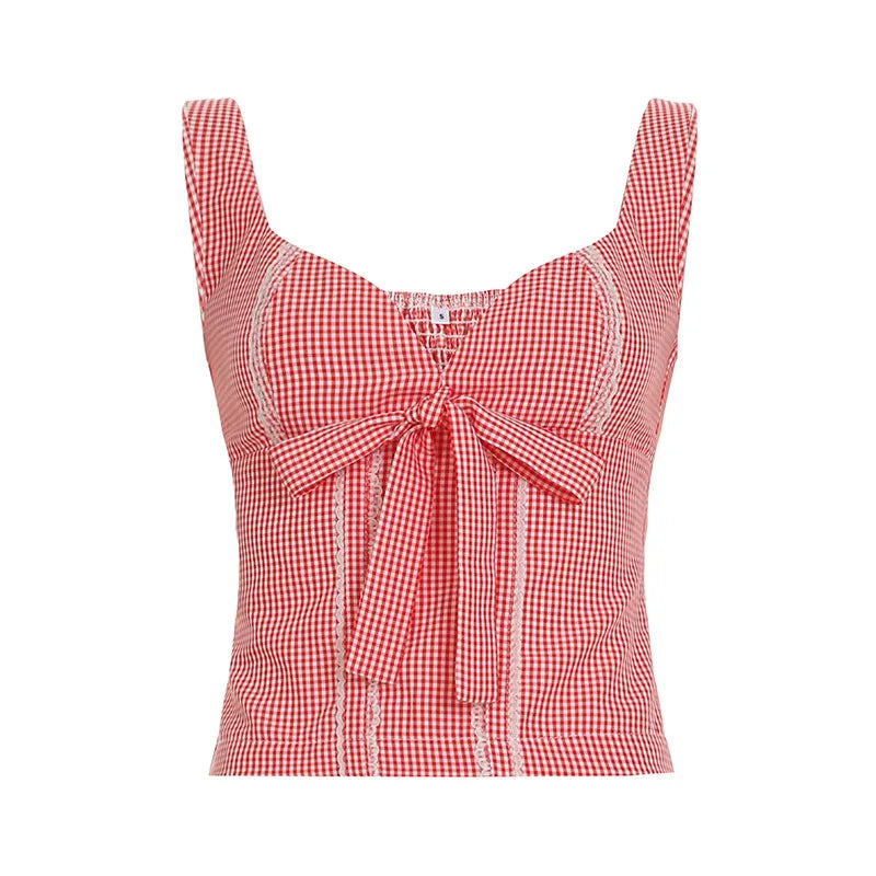 Aiertu  -  Girl Sweet Bow Splicing Plaid Contrast Color Lace Splicing Low Neck Sleeveless Small Vest New Aiertu