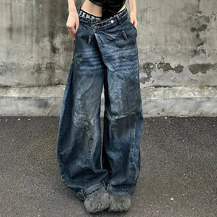 Aiertu  -  Oversized Retro Blue Washed Distressed Wide Leg Jeans Women Fashion Streetwear Hot Girls Loose Casual High Waist Straight Jeans Aiertu