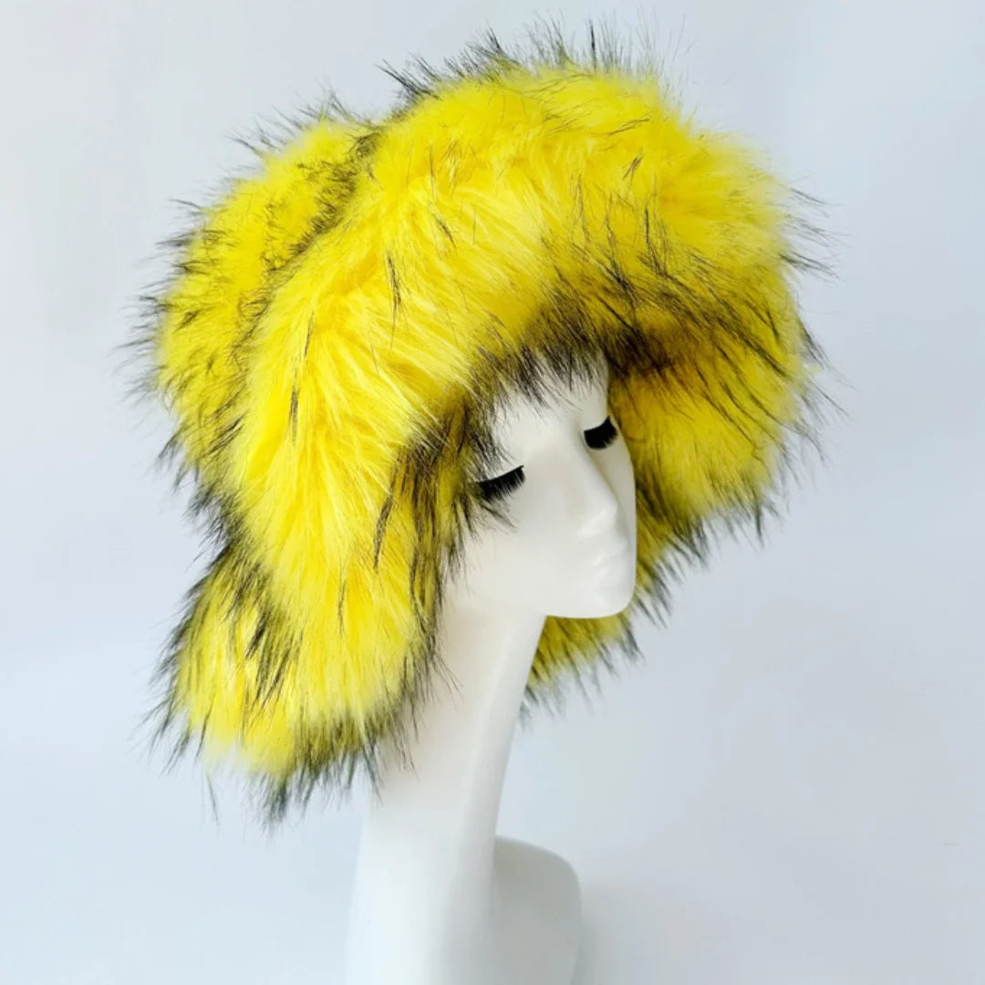 Aiertu  -  Luxury Fluffy Women Faux Fur Bucket Hats Oversized 17cm Wide Brim Thicken Outdoor Warm Plush Punk Hat Girl Y2k Female Ski Panama Aiertu