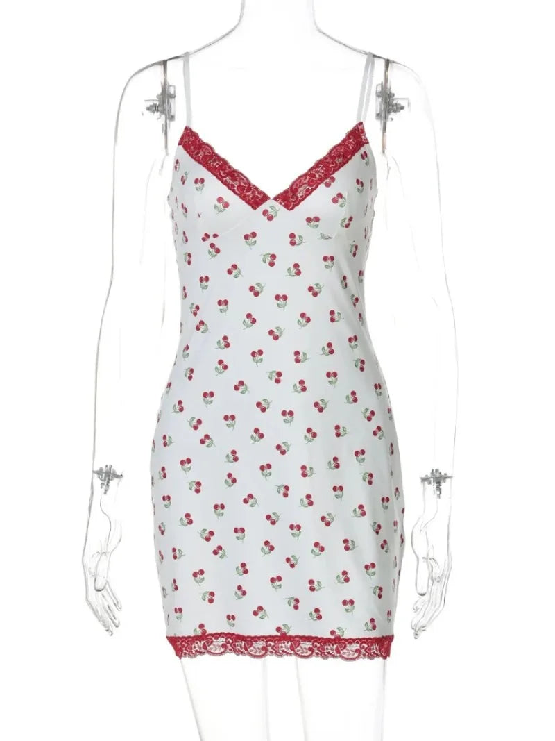 Aiertu  -  Y2K Cherry Printed Lace Patchwork Short Dresses for Women Casual Sexy V-neck Sleeveless Backless Slim Beach Vacation Dress White Aiertu