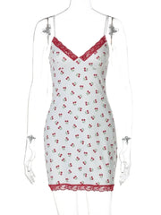 Aiertu  -  Y2K Cherry Printed Lace Patchwork Short Dresses for Women Casual Sexy V-neck Sleeveless Backless Slim Beach Vacation Dress White Aiertu