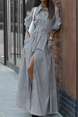 Aiertu  -  Elegant Plaid Pocket Frenulum Turndown Collar Shirt Dress Dresses Aiertu