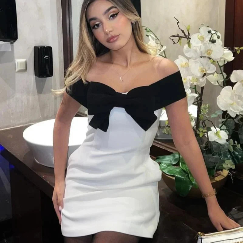 Aiertu  Fashion Black White Contrast Bow Mini Dress Women Elegant Off Shoulder High Waist Slim Fit Vestidos Ladies High-end Party Gowns Aiertu