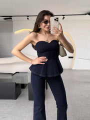 Aiertu  -  Fashion Denim Tank Jeans Set Women Strapless Sleeveless Ruffle Crop Tanks High Waist Flare Pants Female Sets 2025 Spring Summer Aiertu