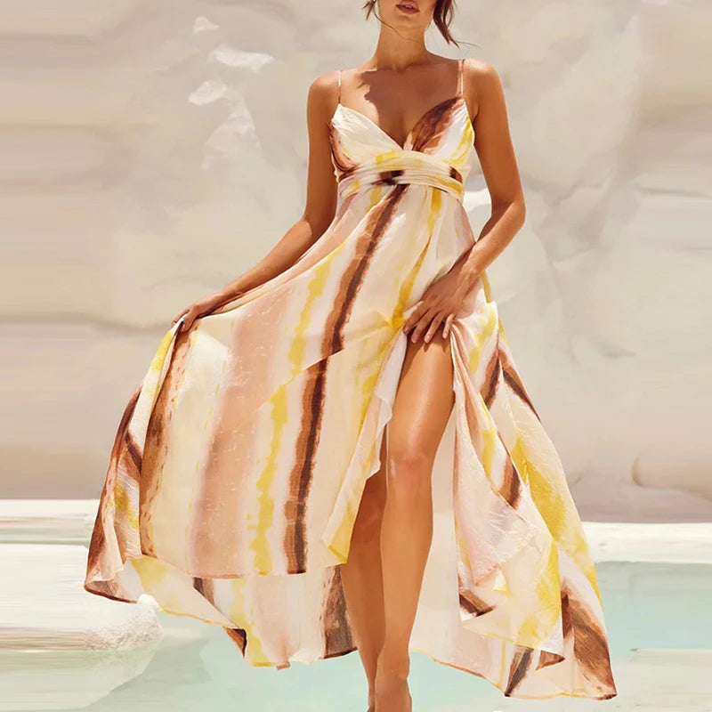 Aiertu  -  Sexy Deep V-neck Split Spaghetti Straps Dress Women Elegant Hight Waist Pleated Long Dress Fashion Pattern Printed Beach Dresses Aiertu