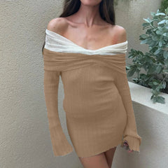 Aiertu  -  Sexy One-Shoulder Color Block Knitted Dress Female Long-Sleeved Slim Thin Sweater Mini Dress Backless Party Club Outfits Aiertu
