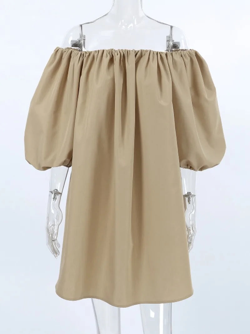 Aiertu  -  Sexy Slash Neck Off Shoulder Khaki Short Dress High Street Fashion Casual Woman Clothing Summer Puff Sleeve Solid Party Dresses Aiertu