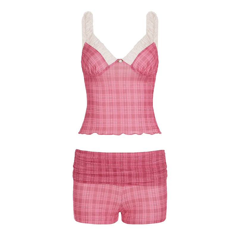 Aiertu  Two-Piece Set Plaid Print Y2K Sexy Camisole and Shorts Outfits for Women Clubwear 90s Fashion Korean Summer Suits Aiertu