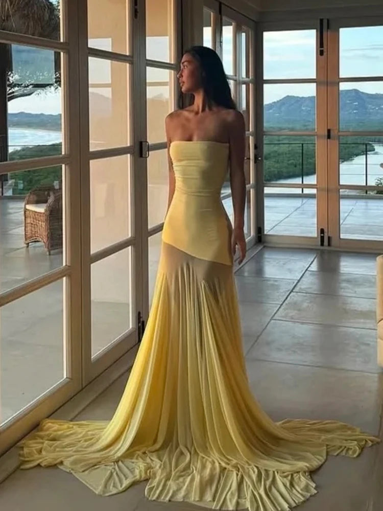 Aiertu  -  See Through Dress Women Patchwork Temperament Solid Pleated Strapless Sleeveless Backless Slim Banquet Party Vestidos Aiertu