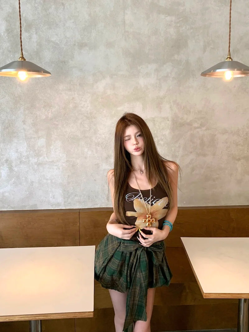 Aiertu  -  Summer New American Lace-up Pleated Plaid Casual Bud Skirt Women + Floral Printed Sexy Slim Camisole Two Pieces Suit Aiertu