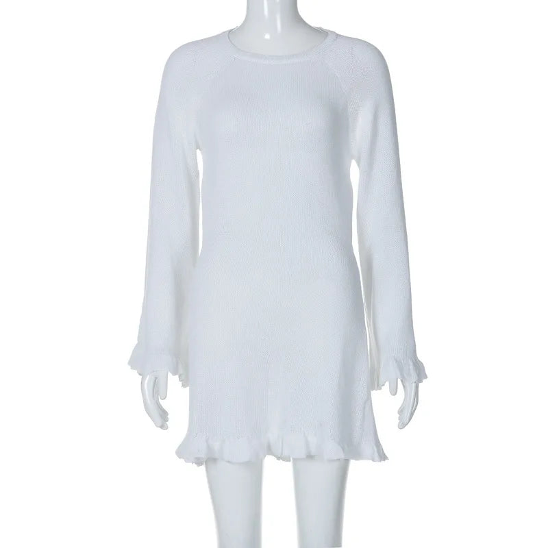 Aiertu  -  Fashion Casual Lace-up Backless Long Sleeve Sweater Dress Women's Autumn Hollow Out Knitting Short Holiday Party White Dresses Aiertu