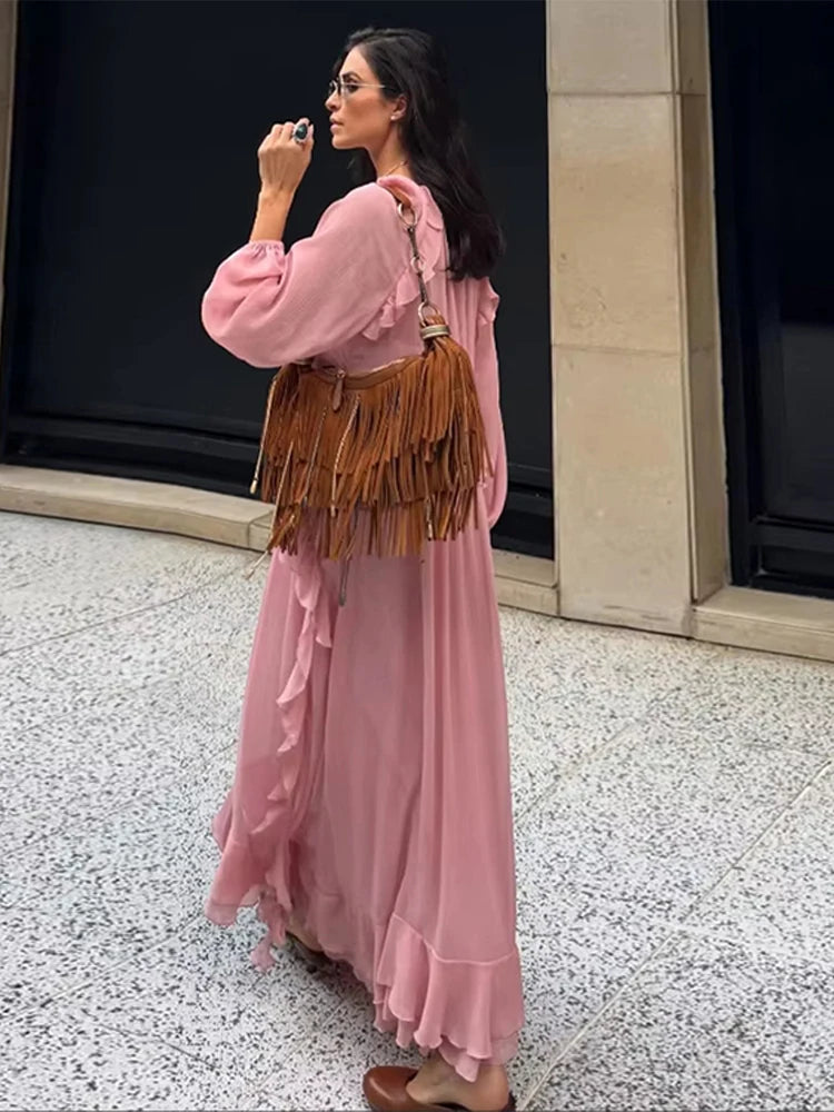Aiertu  -  Ruffle Lace Deep V-neck Big Swing Long Dress Women Elegant Drawstring High Waist Long Flare Sleeve Holiday Pleated Lady Dresses Aiertu