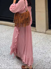 Aiertu  -  Ruffle Lace Deep V-neck Big Swing Long Dress Women Elegant Drawstring High Waist Long Flare Sleeve Holiday Pleated Lady Dresses Aiertu
