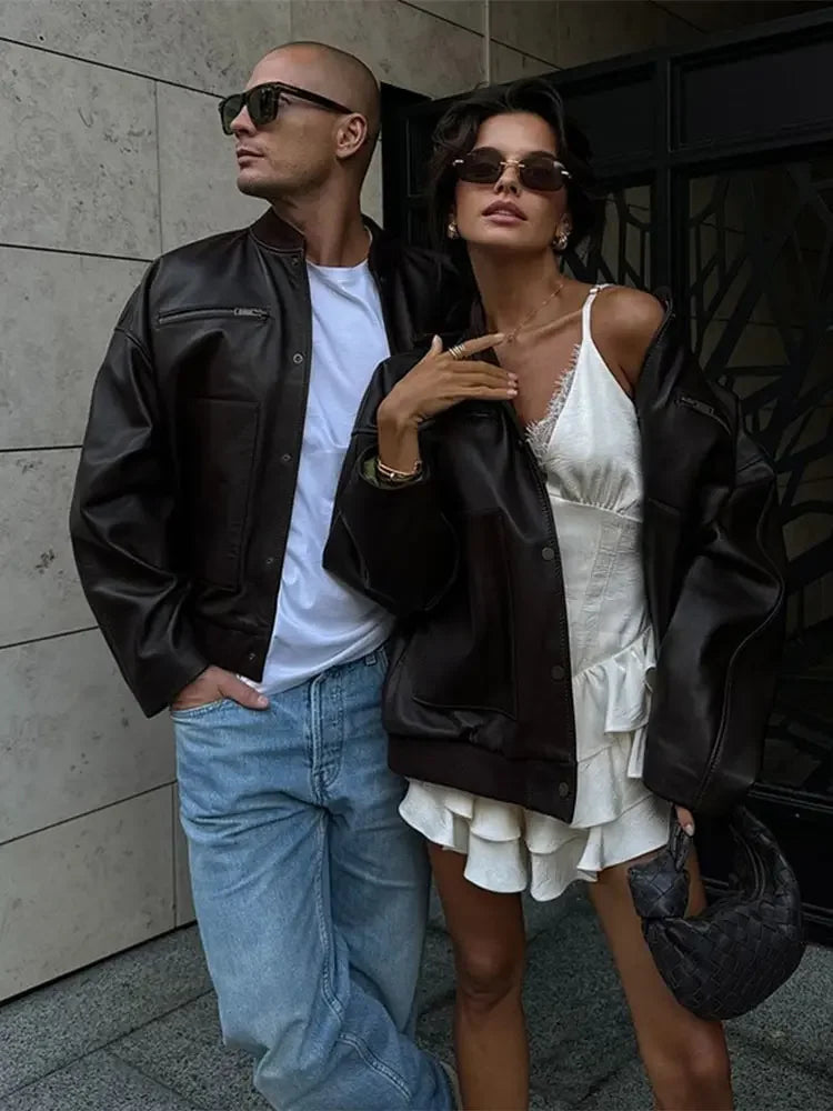 Aiertu  -  Chic Solid Zipper Pocket Pu Leather Jacket Women Fashion Long Sleeved Single Breasted Loose Motorcycle Coats 2026 Lady Outercoat Aiertu