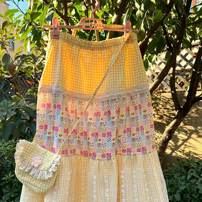 Aiertu  -  Vintage Plaid Midi Skirt Women Japanese Harajuku Print Skirts Summer Y2K Boho Korean Lace Patchwork Casual Design Faldas Aiertu