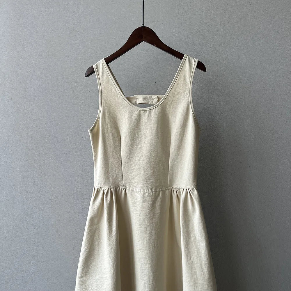Aiertu  -  Fashion Sleeveless Long Dress Cotton Blend Solid Color Casual Summer New Dress A-line Backless Vacation Beach Dresses For Women Aiertu