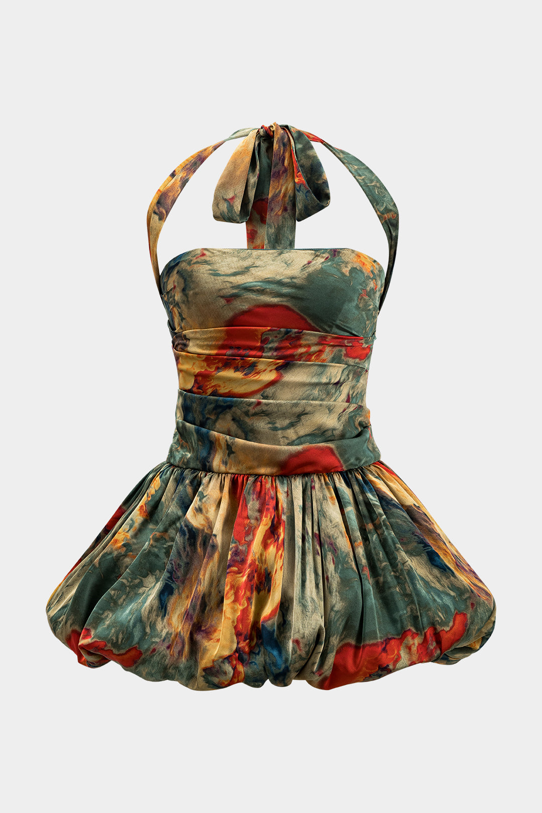 Aiertu  Watercolor Print Satin Ruched Backless Zipper Tie Up Mini Dress Aiertu