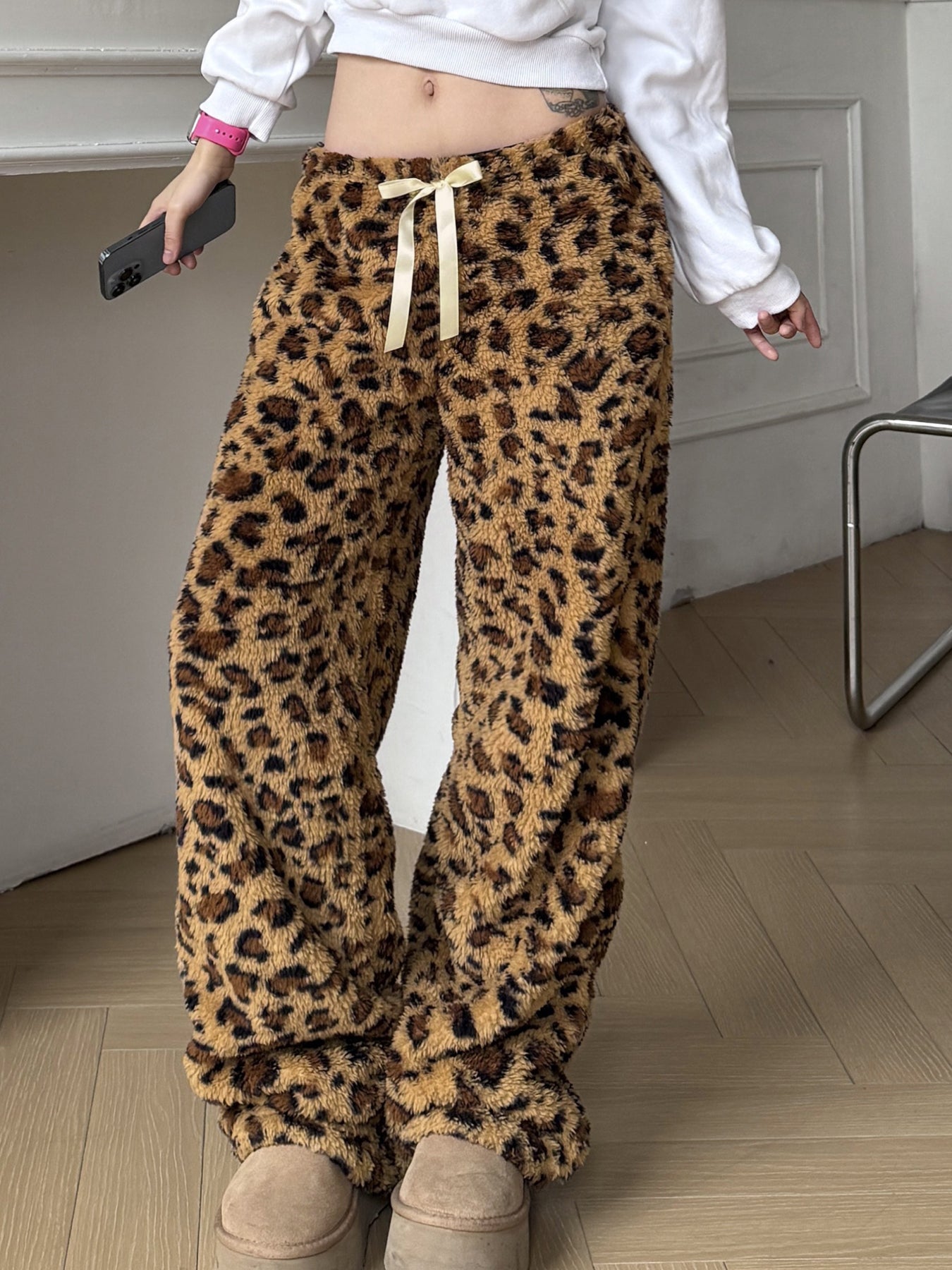Aiertu - summer inspo Leopard Velvet Women Loose Long Pants Bow Y2k Retro Fashion Chic Warm Autumn New Trousers Design Street Style Aiertu