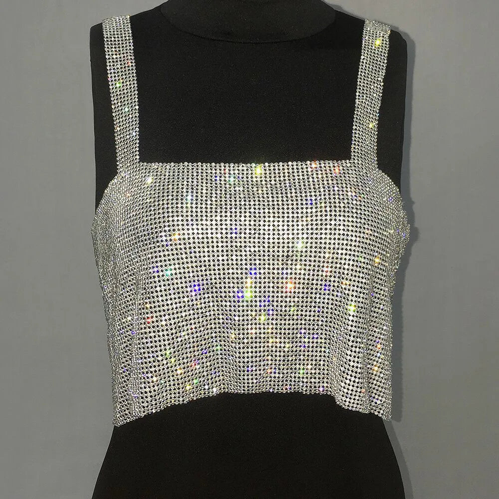 Aiertu  -  Metal Mesh Rhinestone Sleeveless Tank Top Women Back Hollow Chain Crop Tops Hot Girl Beach Sexy Club Party Vest Femme Aiertu