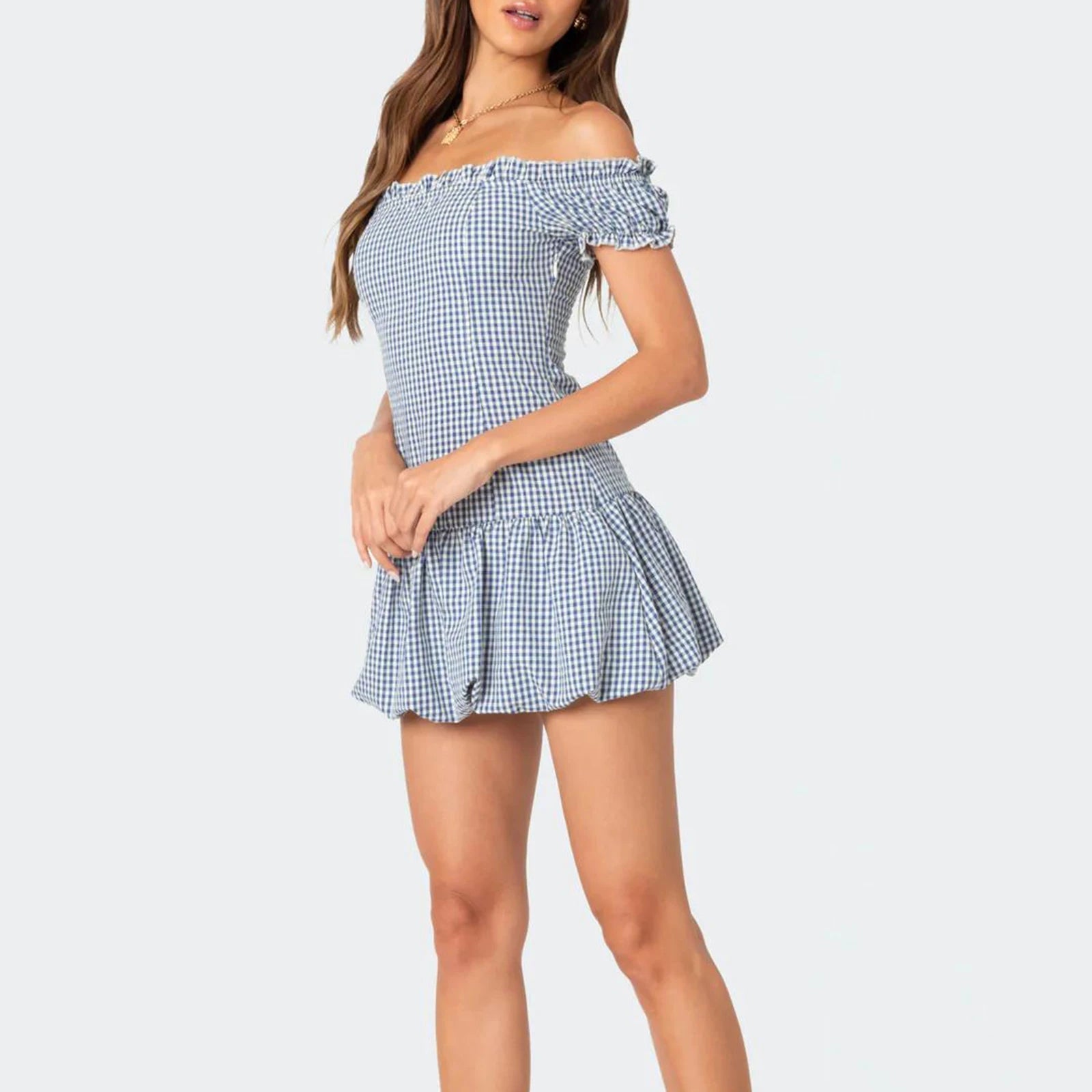 Aiertu  -  Womens Off Shoulder Mini Party Dress Trendy Plaid Puffball Short Sleeve Tube Top Dress Summer Fairy Short Dress Aiertu