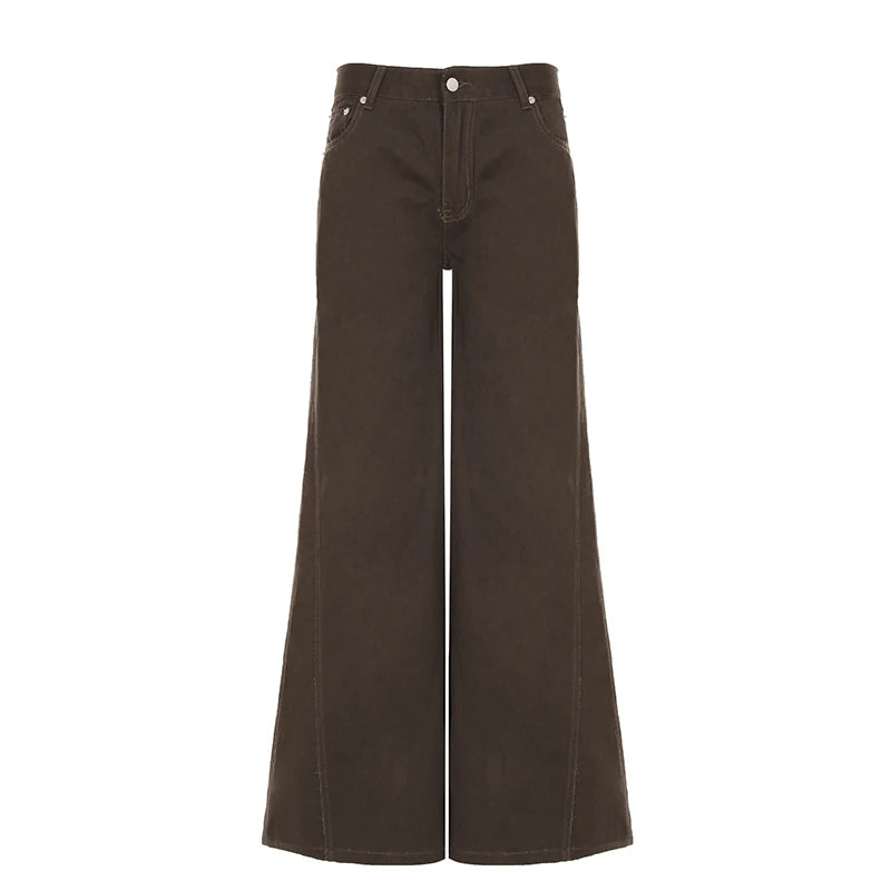 Aiertu  -   party look snspos Women Brown Retro Flare Jeans Loose Fit Casual Elegant Minimalist Lady Wide Leg Pants Fashion Streetwear Fall Outfits Aiertu