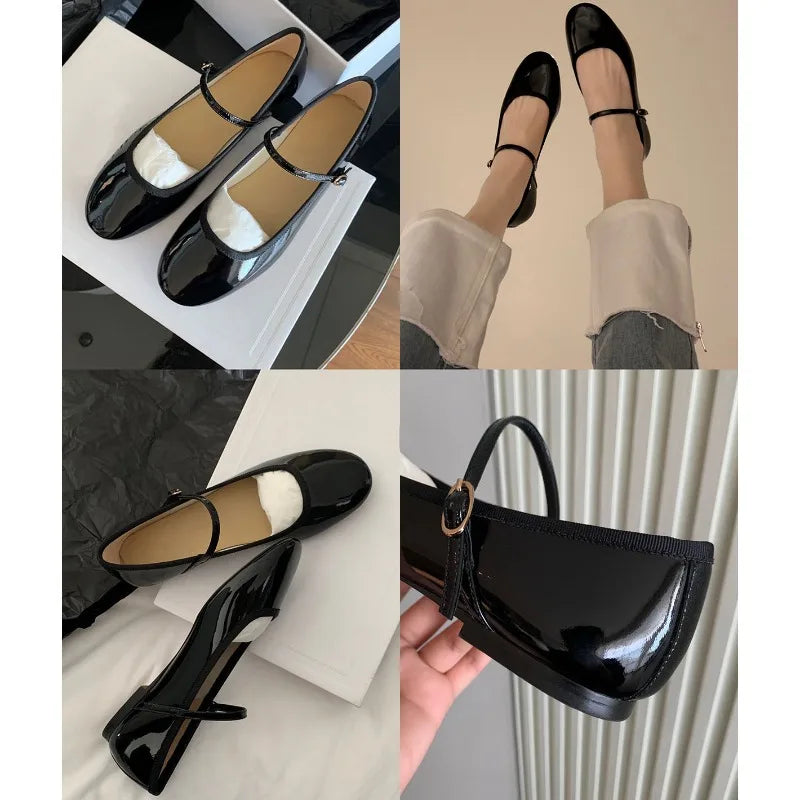 Aiertu  -   Shiny PU Leaather Flats Mary Janes Shoes Women Red Elegant Basic Pointed Toe Loafers Spring Autumn Daily Casual Black Shoes New Aiertu