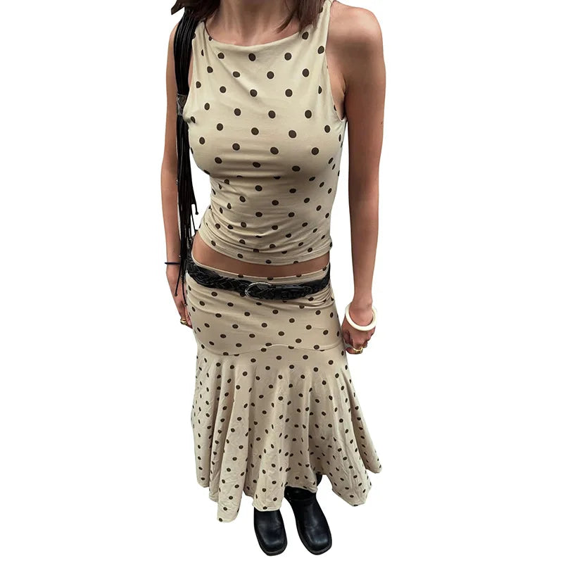 Aiertu  -  Polka Dot Print Two Piece Set Sleeveless Top and Long Skirt Elegant Fashion Matching Sets Woman Summer Outfit P85-DZ42 Aiertu