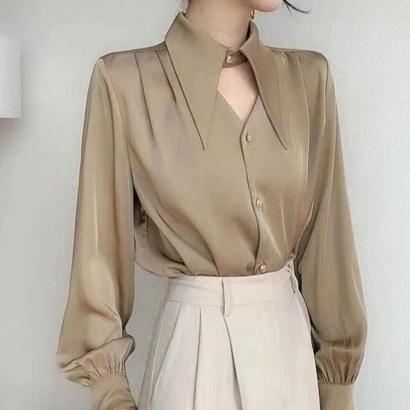 Aiertu Elegant Chic Shirts Women Turn Down Collar Long Sleeve Hollow Out Blouse Office Lady Spring Korean Ol Solid Button Tops Aiertu