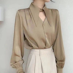 Aiertu Elegant Chic Shirts Women Turn Down Collar Long Sleeve Hollow Out Blouse Office Lady Spring Korean Ol Solid Button Tops Aiertu