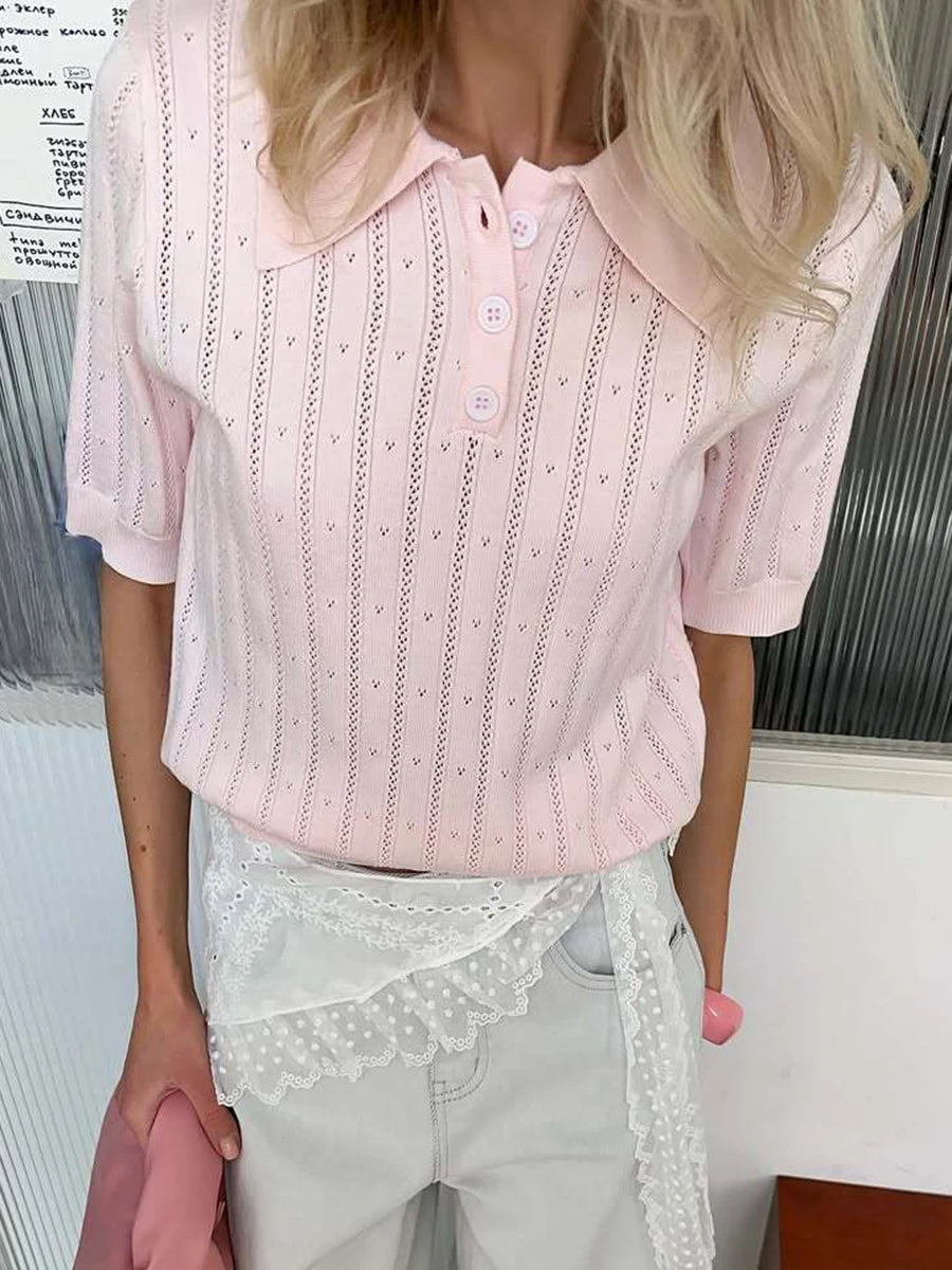 Aiertu  -  Knitted Hollow Out Solid T-shirt Women Buttons Turndown Collar Short Sleeve Tops T-shirts Summer Simple Casual Fashion Tee Shirt Aiertu