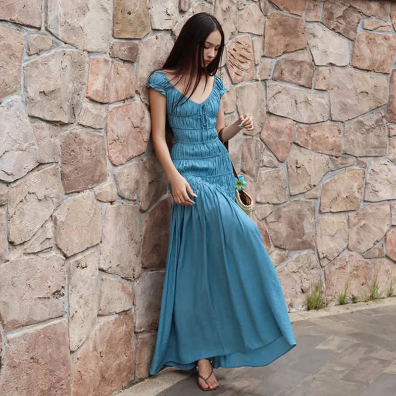 Aiertu  -  Sexy Deep V-neck Pleated Maxi Dress For Women Elegant Fashion Backless Slim Fit Solid Color Sexy Holiday Birthday Dress Aiertu