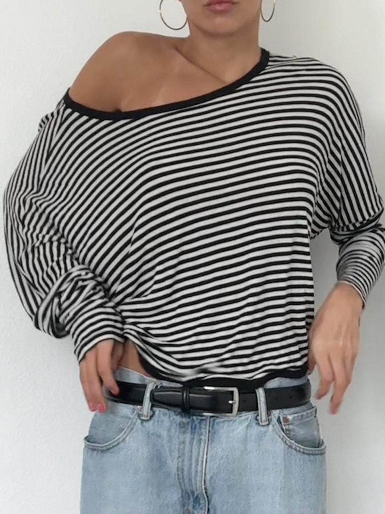 Aiertu - summer inspo Twist Backless Loose Casual Stripe Long Sleeve T Shirt Women Contrast Binding O Neck Minimalist Pullover Tops Aiertu
