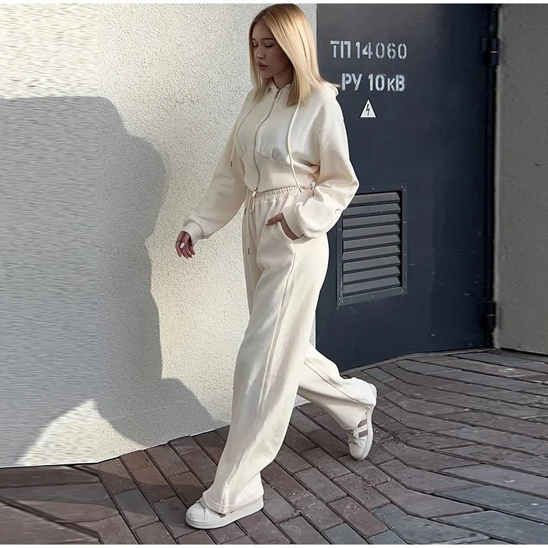 Aiertu  -  Casual Solid Hoodies Pants Set Women Long Sleeve Zipper Short Sweatshirt Loose Drawstring Trouser 2026 Autumn New Lady Tracksuit Aiertu