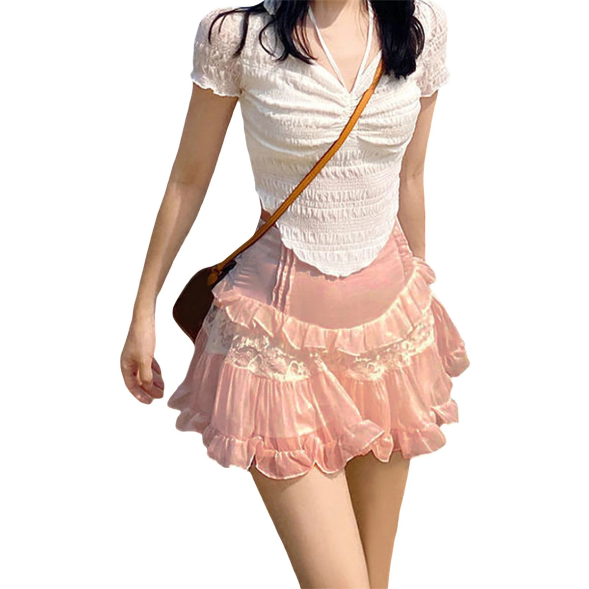 Aiertu Women's Summer Mini Skirts Cute High Waist Lace Patchwork Ruffle Hem A-Line Skirts Aiertu