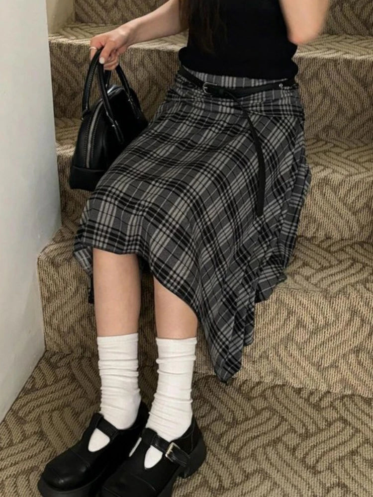 Aiertu  -  Y2k Aesthetic Vintage Plaid Skirts Womens Harajuku High Waist Irregular Vintage Skirt Streetwear Preppy Style Gothic Faldas Aiertu
