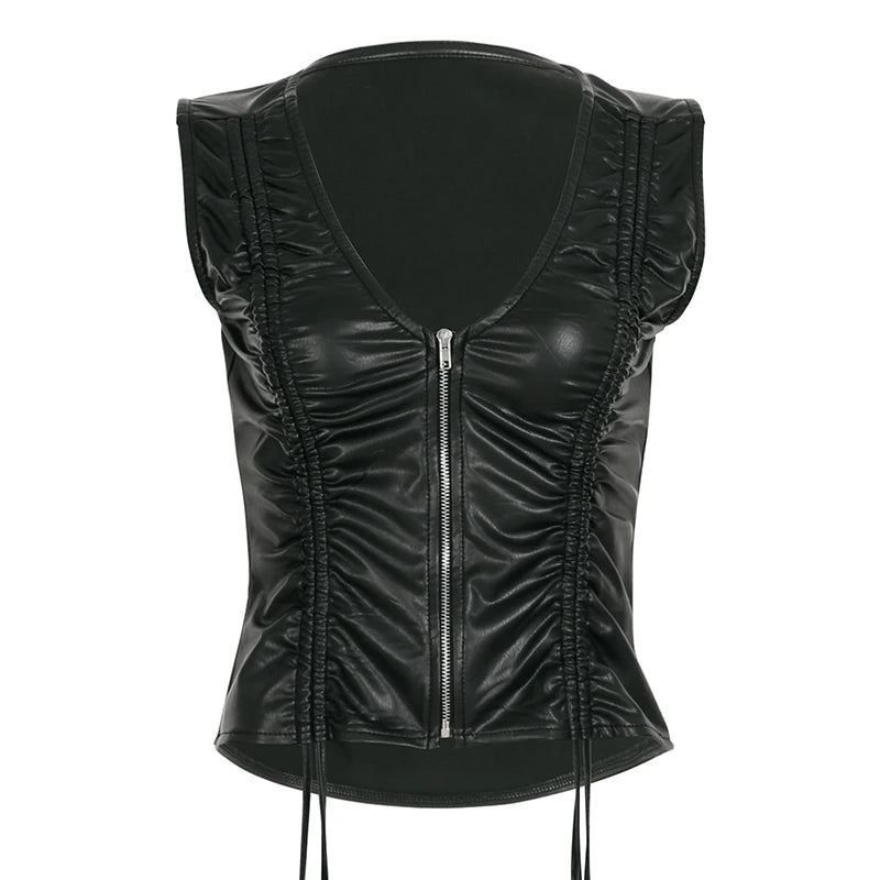 Aiertu  -  party look snspos Women PU Vest Fashion Punk Style Drawstring Detail Zipper V-neck Tank Top Faux Leather Sleeveless Skinny Crop Tops Aiertu