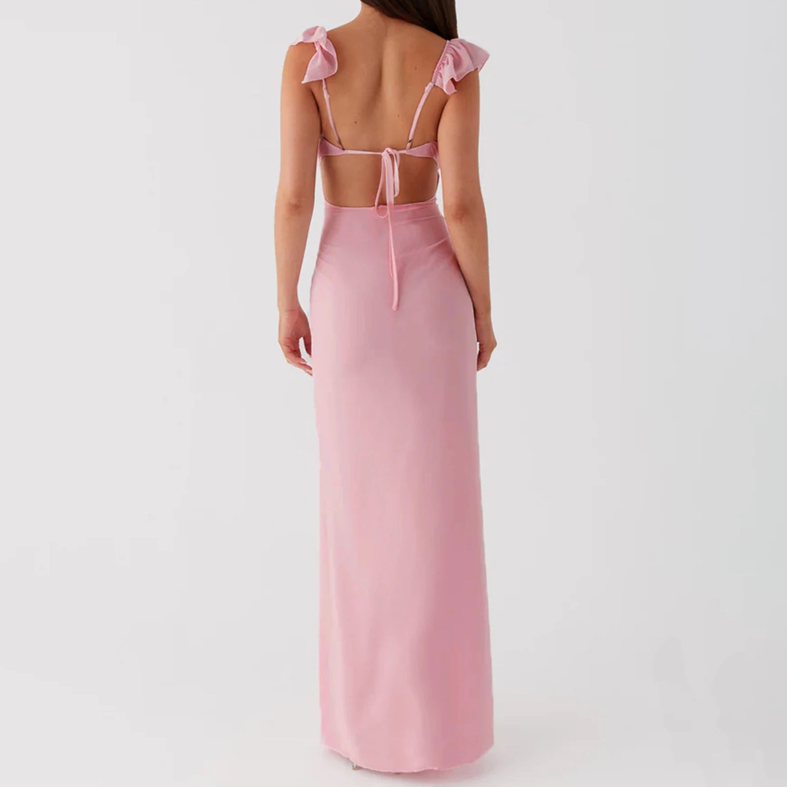 Aiertu  -  Women Ruffle Trim Cami Dress Slim Solid Color Deep V Neck Open Back Tie Long Evening Dress for Party Clubwear Aiertu