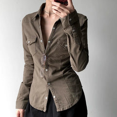 Aiertu  -  Vintage Turndown Collar Khaki Denim Shirt Y2K Casual Autumn Long Sleeve Buttoned Jeans T-shirt Fashion Women Slim Tee Aiertu