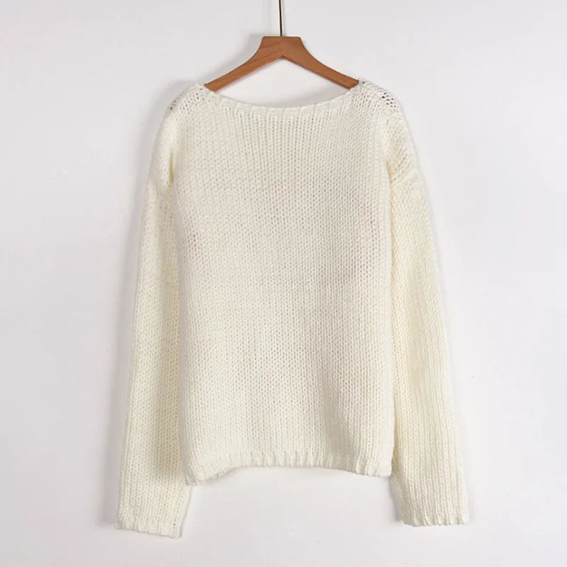 Aiertu  -  Bows Long Sleeve Knitted Sweater For Women Casual Loose O Neck Crochet Pullovers Winter New Female Splice Sweater Top Aiertu