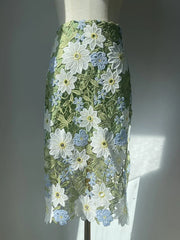 Aiertu  -  Floral-Embroidered Lace Green Pencil Skirts High Quality Hollow Out Knee-Length A-line Skirt Vintage Women Elegant Clothes Aiertu