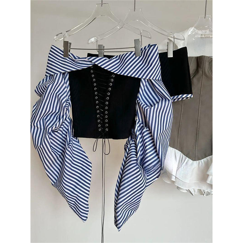 Aiertu Y2K Slash Neck Shirts Women Sexy Cropped Striped Patchwork Blouses Summer Korean Long Sleeve Corset Bandage Design Tops Aiertu