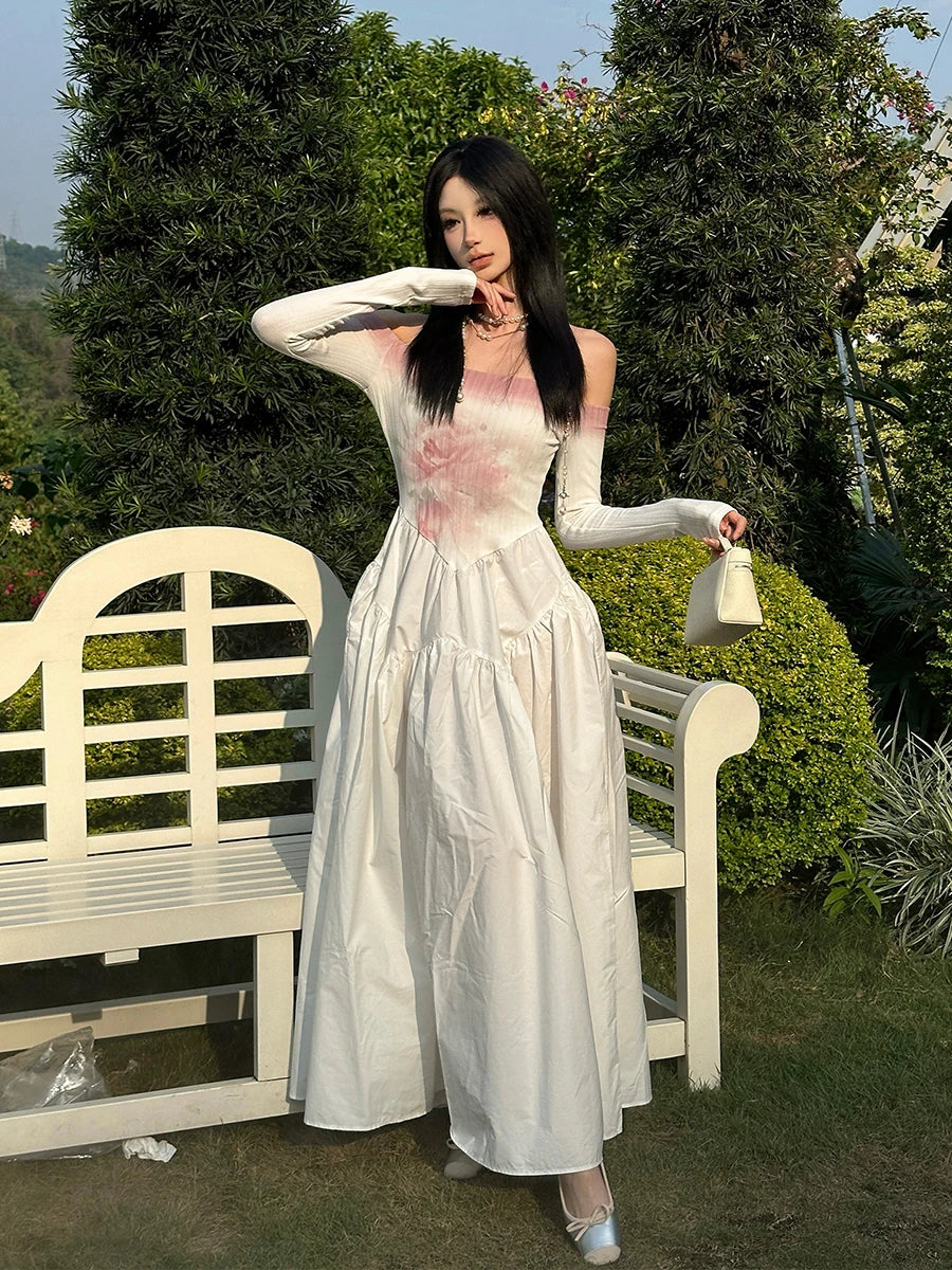 Aiertu  -  Romantic Rose Rib Knit Dress for Women Gradient Long Sleeve One-shoulder Patchwork Maxi Long Dress Desire One-piece Aiertu