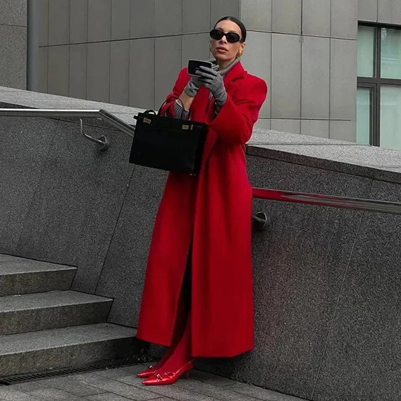 Aiertu     -  Fall Outfits 2026 Red Woolen Long Coats Women Elegant Lapel Full Sleeve Single Button Loose Tops 2026 Autumn New Lady Solid High Street Outwear Aiertu