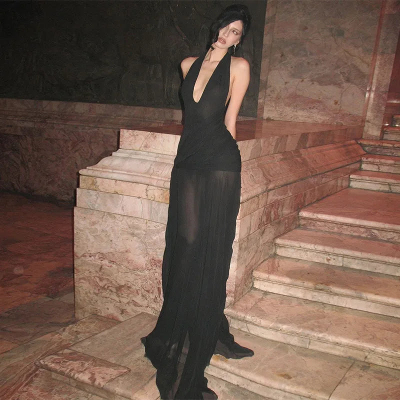 Aiertu  -  Hater Neck Backless Long Dresses See Through Mesh Black Club Dress Women Sexy Summer Clothes 2025 P15-DC35 Aiertu